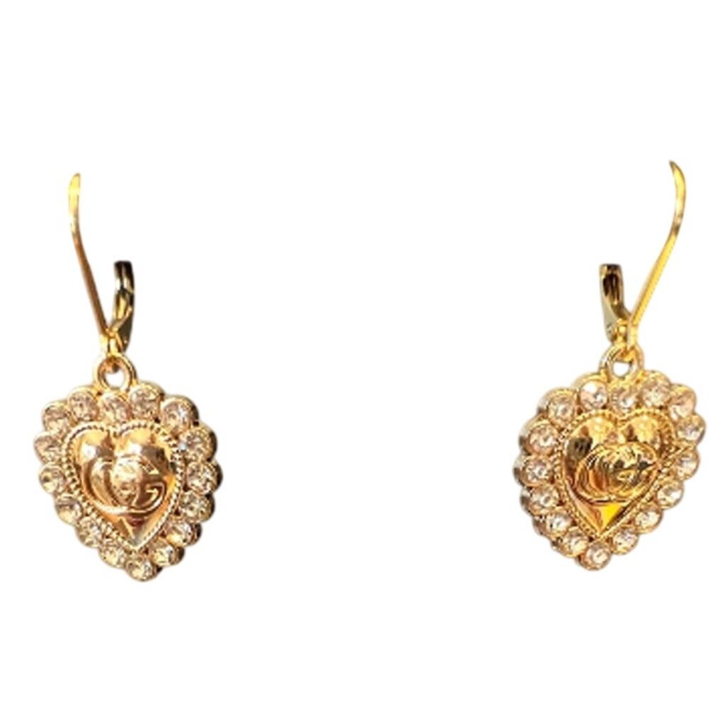 Gucci Gold & Crystal GG Heart Monogram Dangle Earrings (GGXX044)